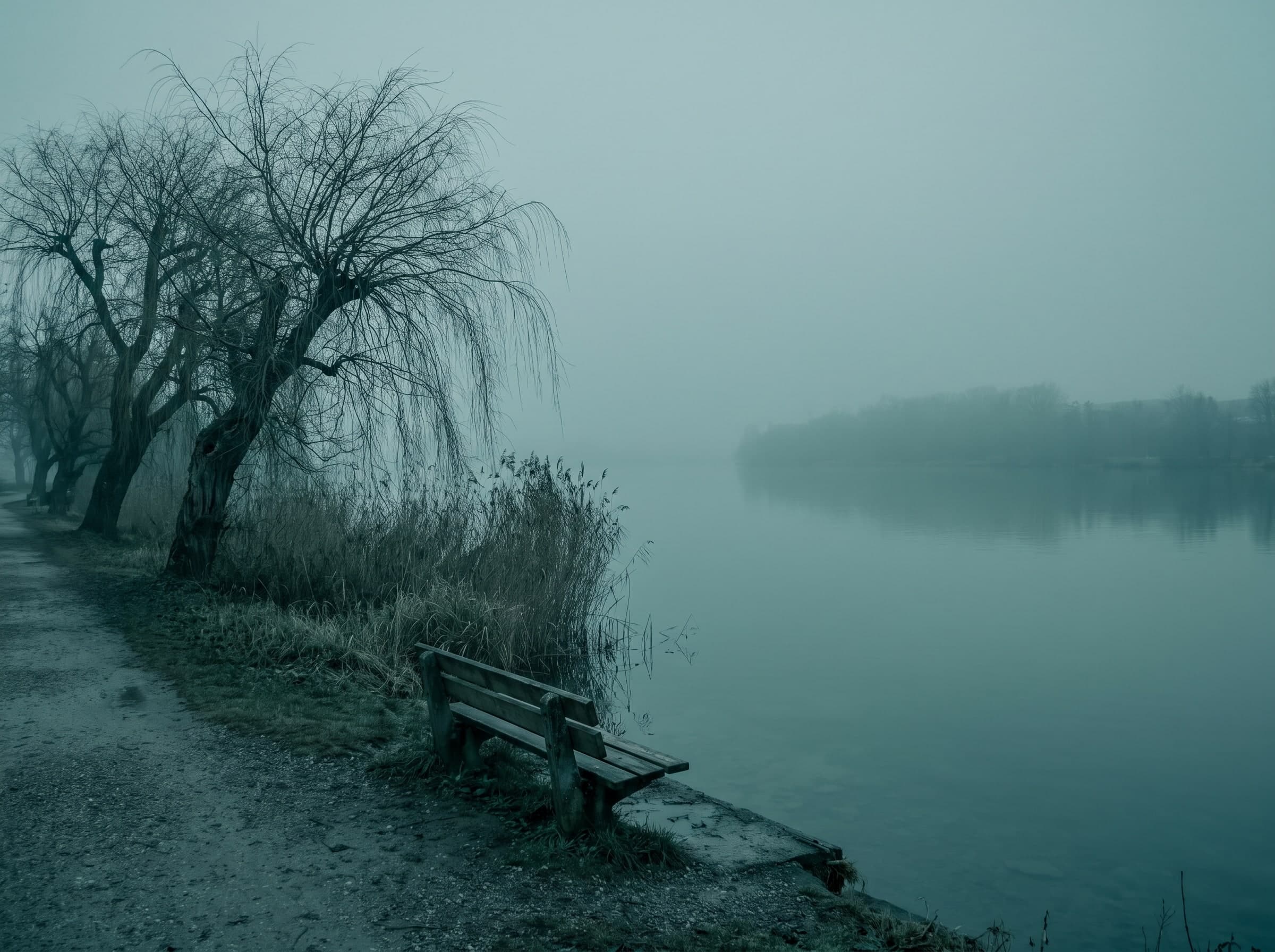Uferweg mit kahlen Weiden, Schilf und einer leeren Holzbank an ruhigem Wasser im Nebel